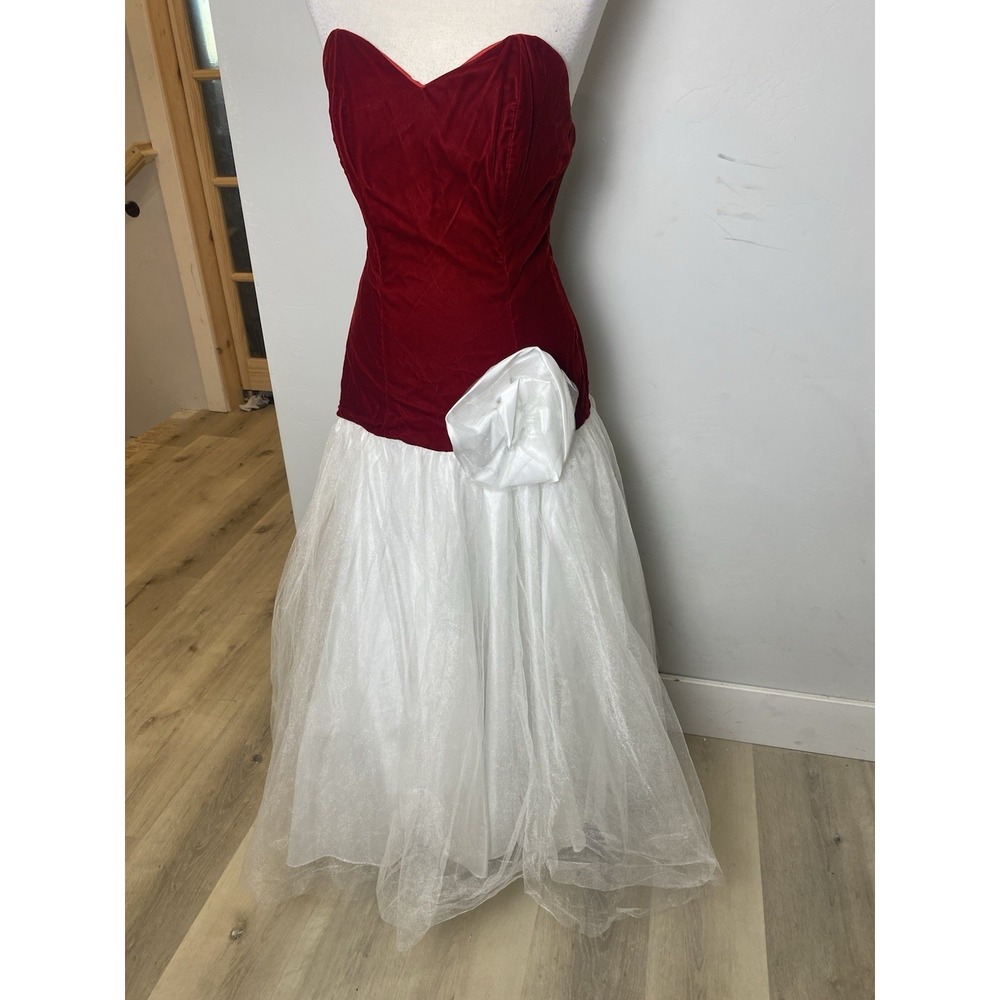 Vintage 80s/90s Prom Dress Evening Red Velvet/ Tulle S Women's Sleeveless Gown